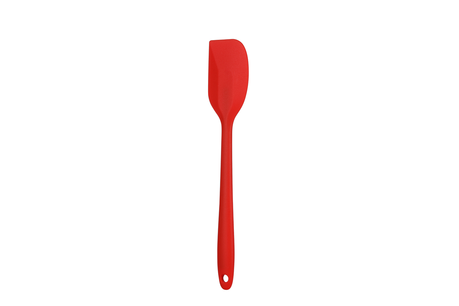Espátula de silicona roja sobre fondo blanco. La espátula es vertical.