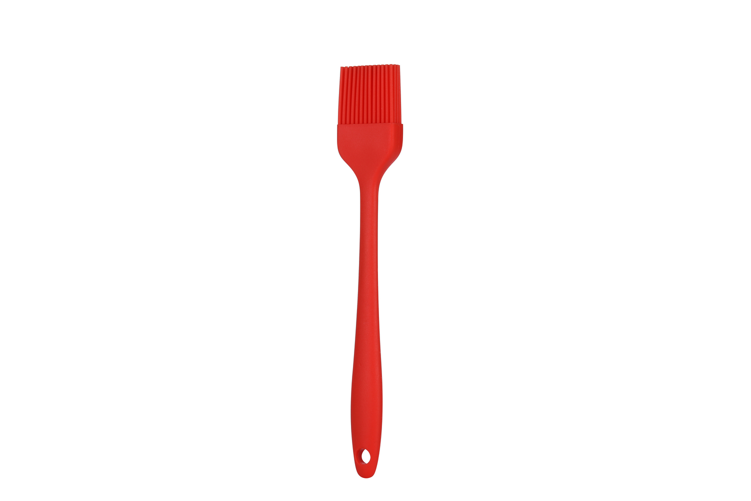 Brocha de cocina de silicona roja con mango largo, sobre fondo blanco.