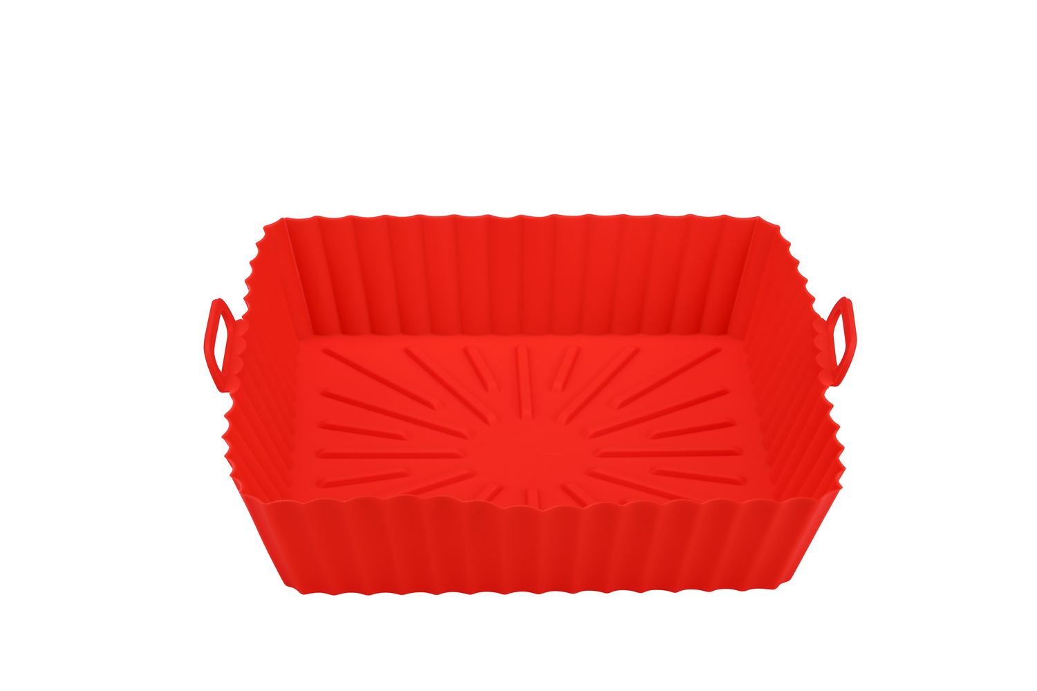 Una cesta roja de silicona para freidora de aire con asas, sobre fondo blanco. La cesta es cuadrada con diseño acanalado.