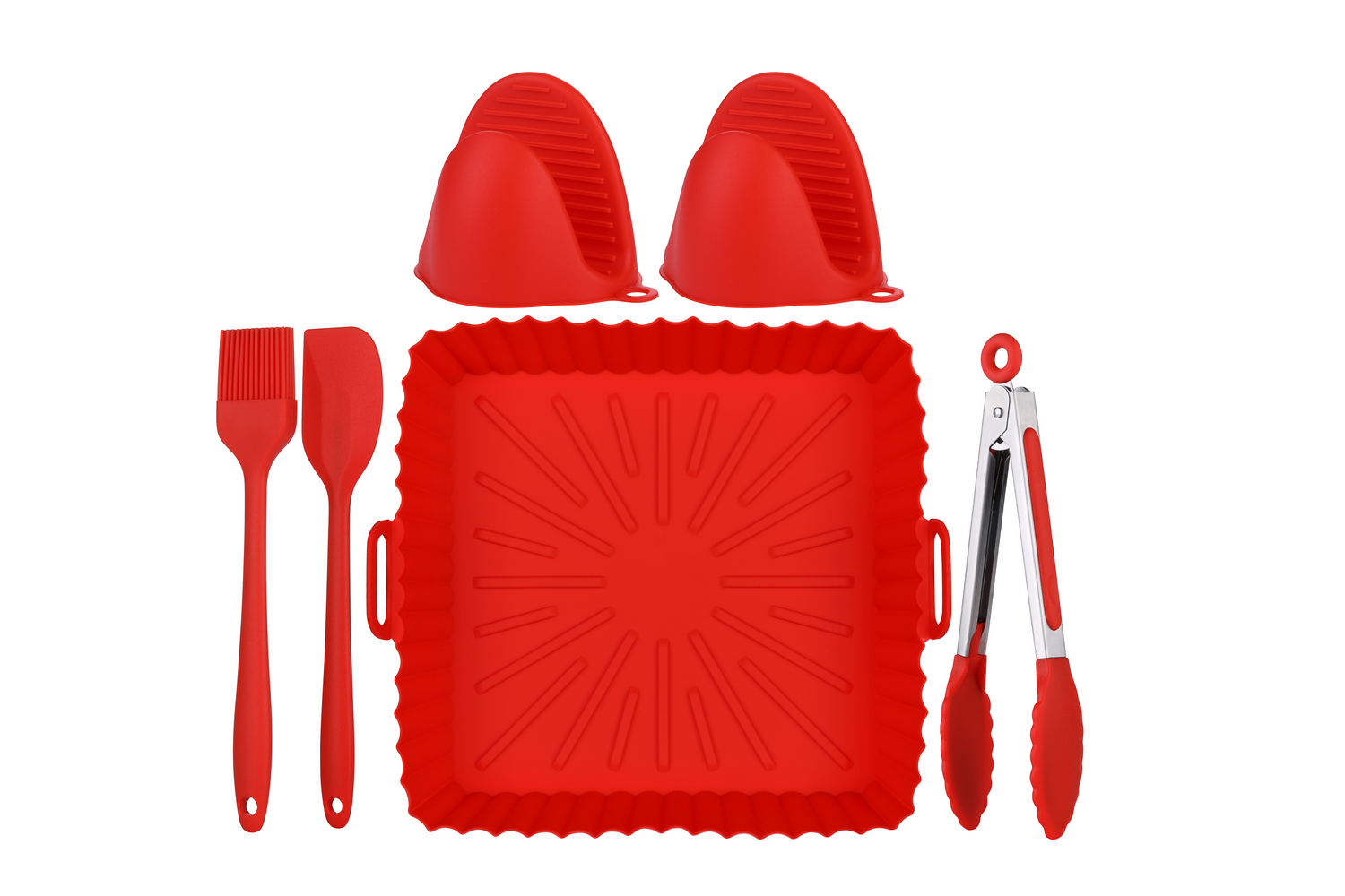 Juego de cocina de silicona roja con guantes de horno, espátula, brocha y pinzas.
