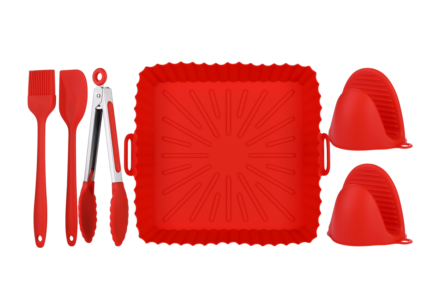 Set de horneado de silicona roja con brocha, espátula, pinzas y guantes.