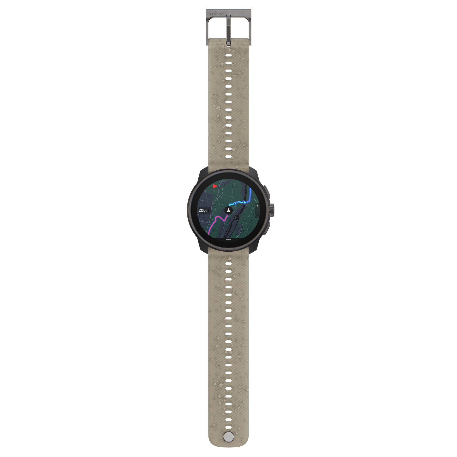 Un reloj inteligente negro muestra un mapa. El reloj tiene una correa beige y una pantalla negra. El fondo es negro.
