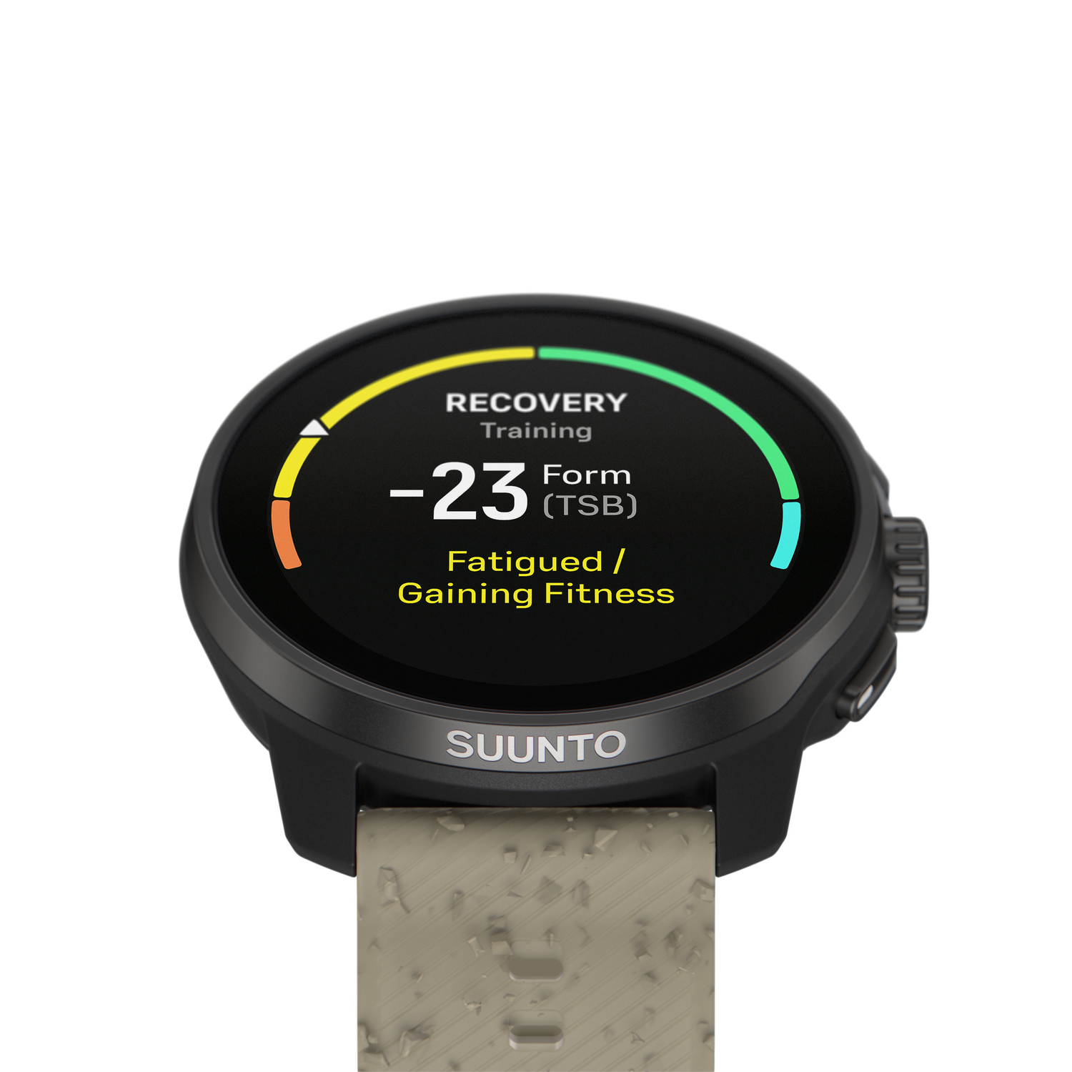 Smartwatch negra con pantalla redonda que muestra datos de recuperación. El reloj tiene una correa beige y un fondo negro.