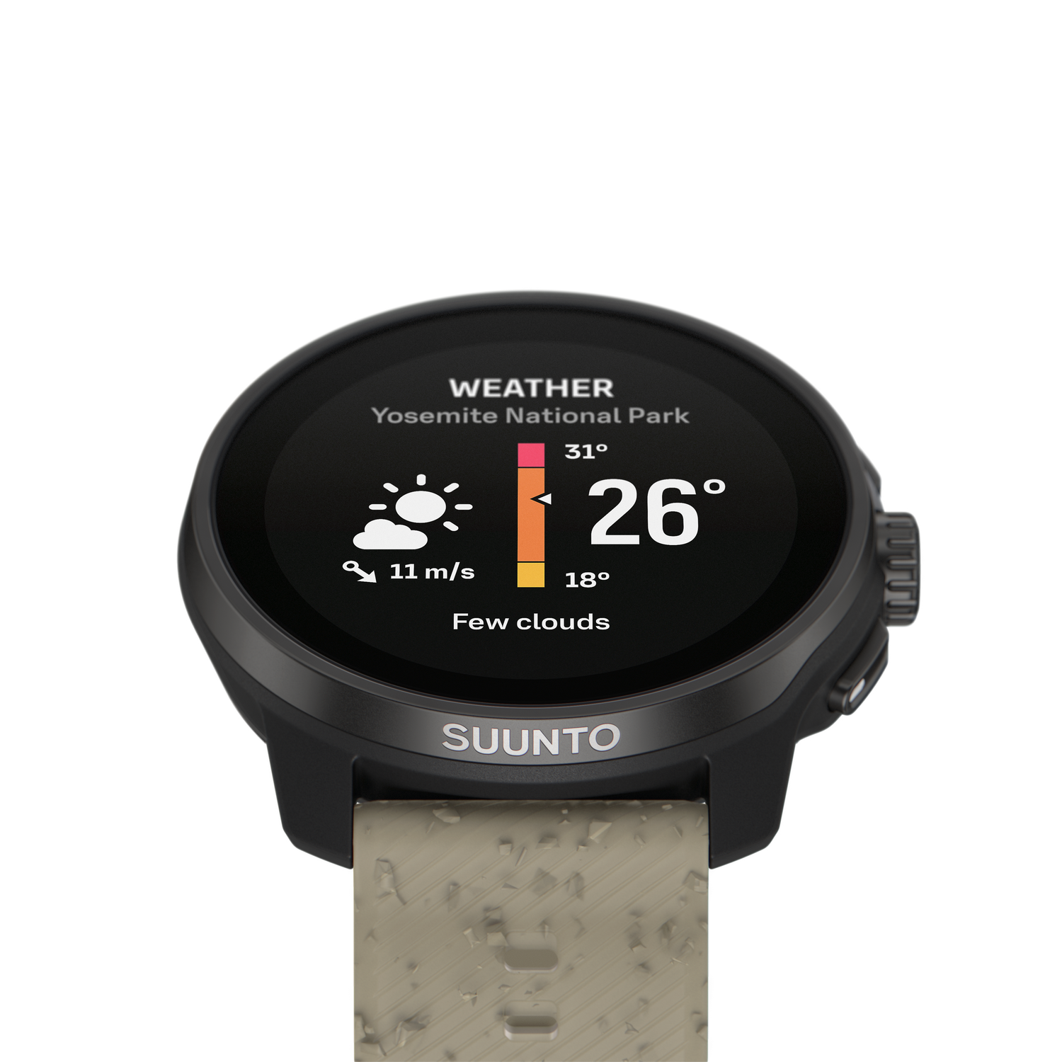 Reloj inteligente que muestra información meteorológica, con temperatura y condiciones.