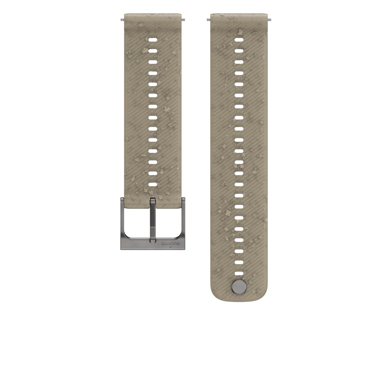 Dos correas de reloj beige con hebilla y agujeros, sobre un fondo negro.