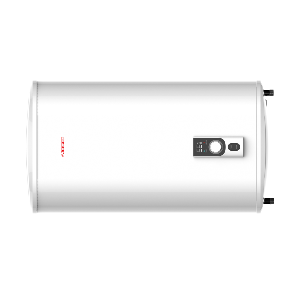 Un calentador de agua blanco con una pantalla digital que muestra 58.5. Fondo negro.