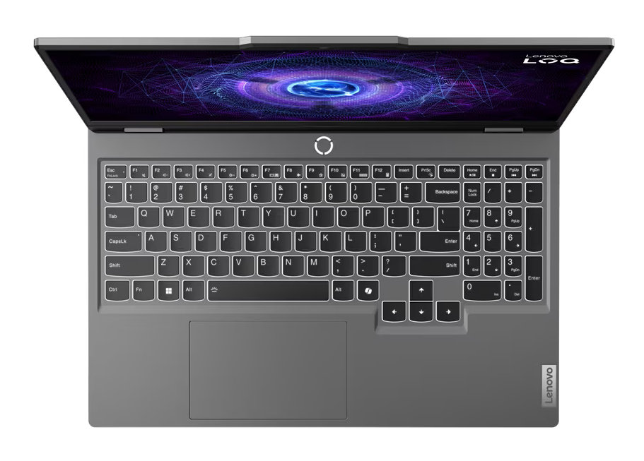 Laptop otwarty, widok z góry. Widoczna klawiatura, ekran pokazuje grafikę.