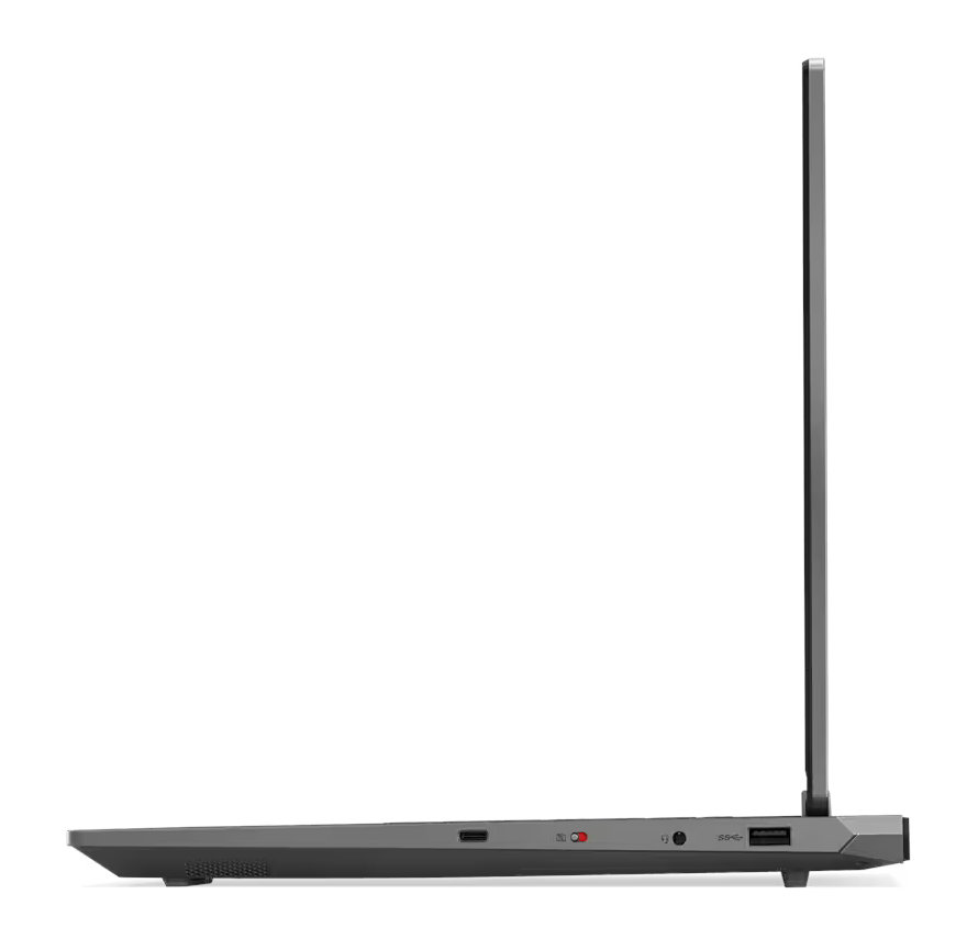 Widok z boku szarego laptopa z ekranem, pokazujący porty i smukły profil.