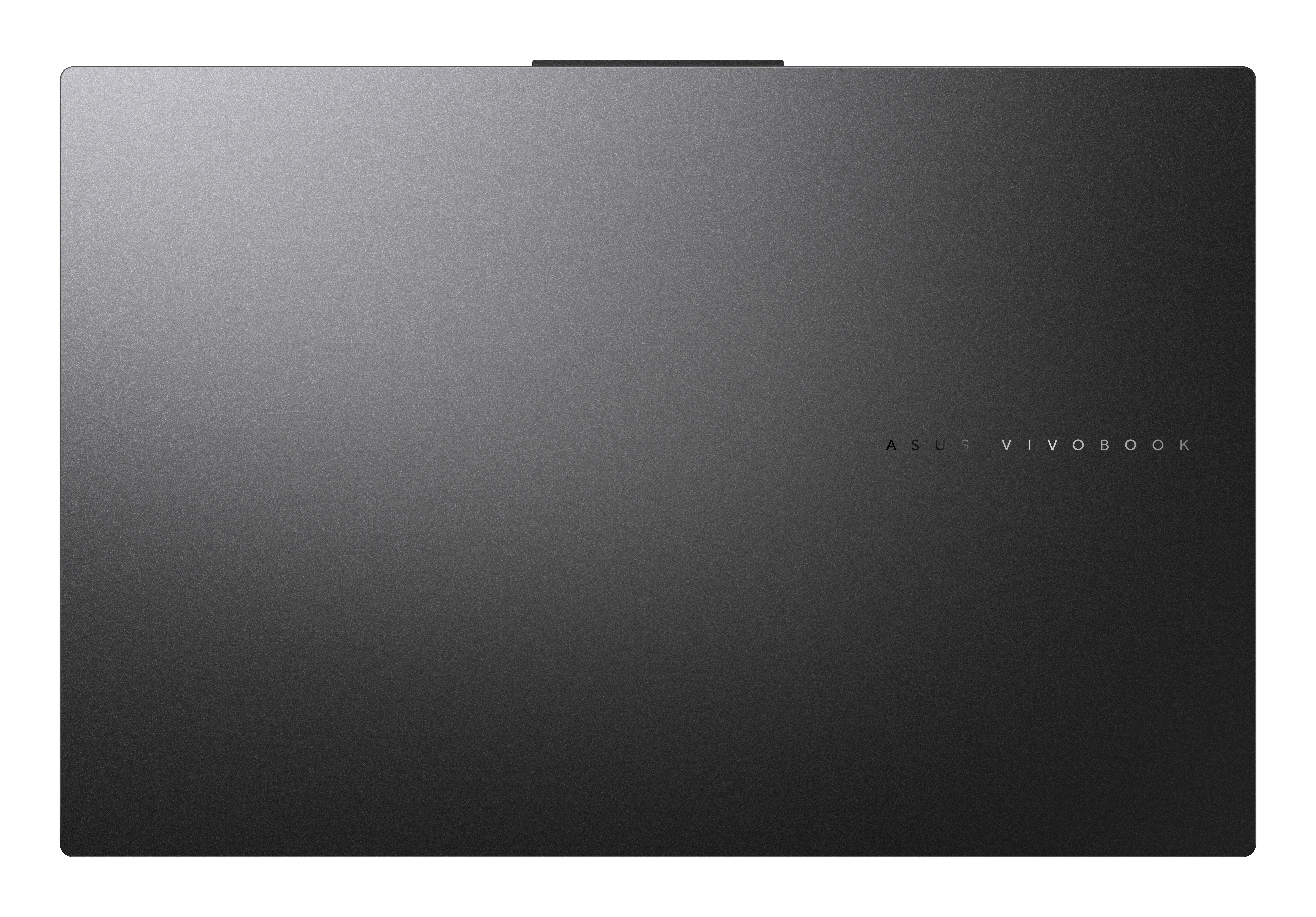 Die Rückseite eines grauen Laptops mit dem ASUS Vivobook-Logo unten mittig auf weißem Hintergrund.