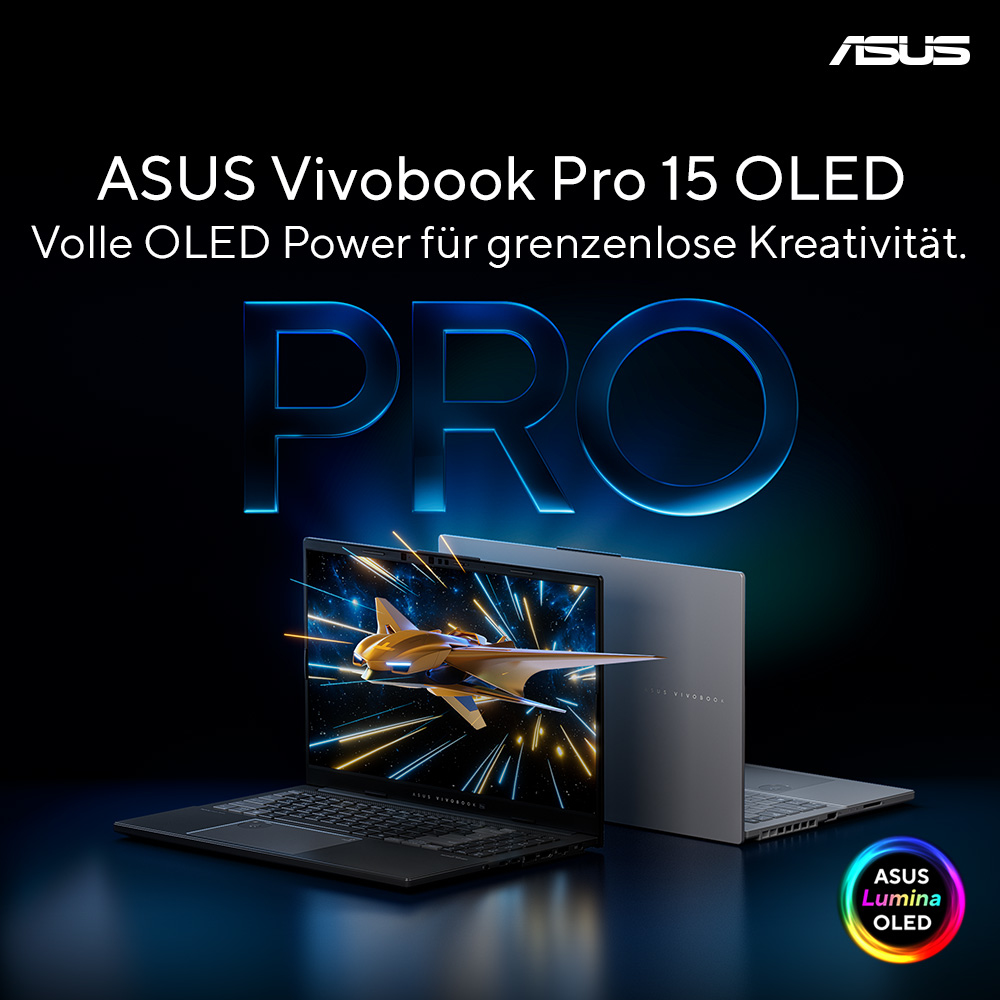 ASUS Vivobook Pro 15 OLED Laptops, eines geöffnet mit Grafik, das andere geschlossen.