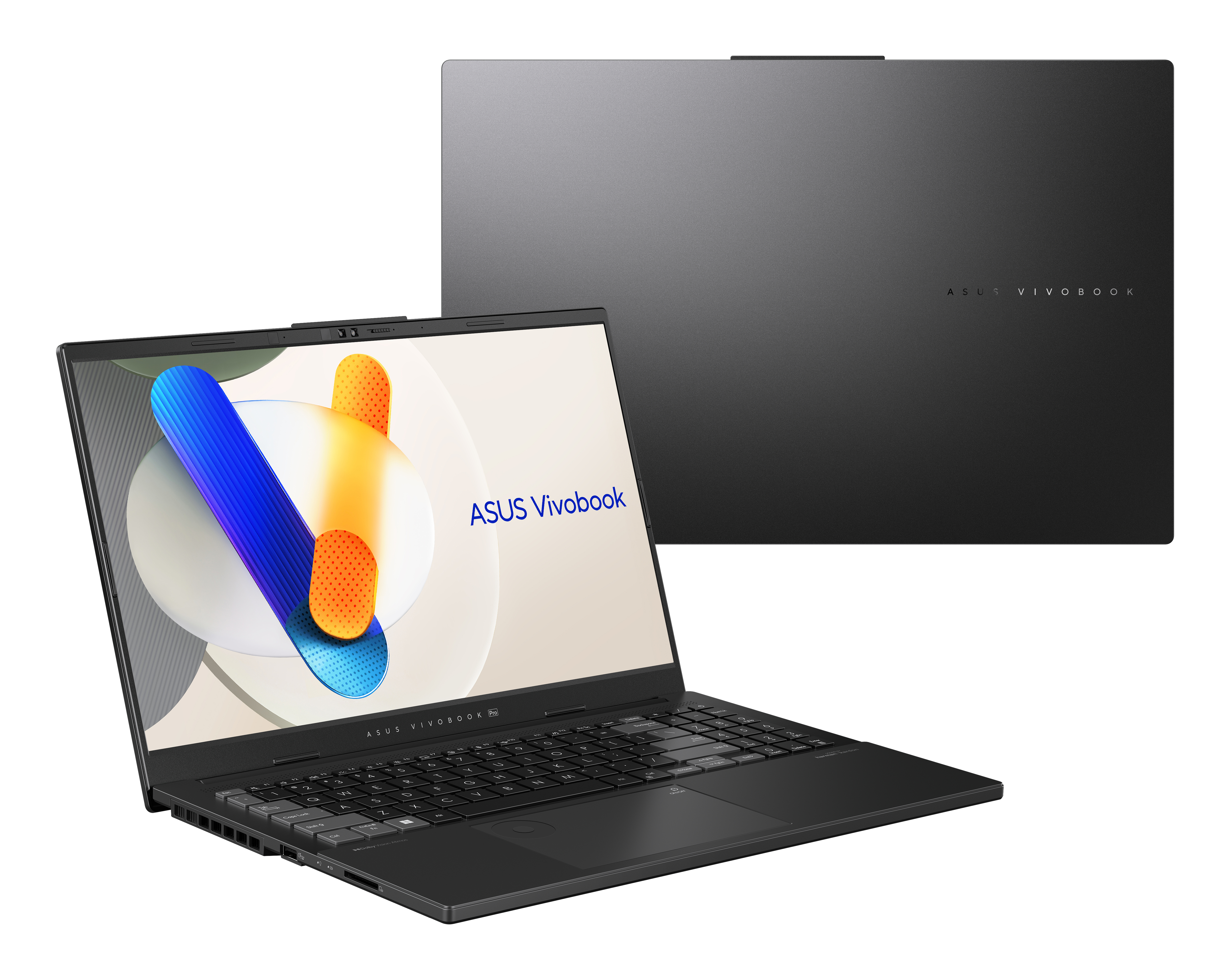 Schwarzer ASUS Vivobook Laptop, offen, zeigt Bildschirm, und geschlossen, zeigt Oberseite. Weißer Hintergrund.