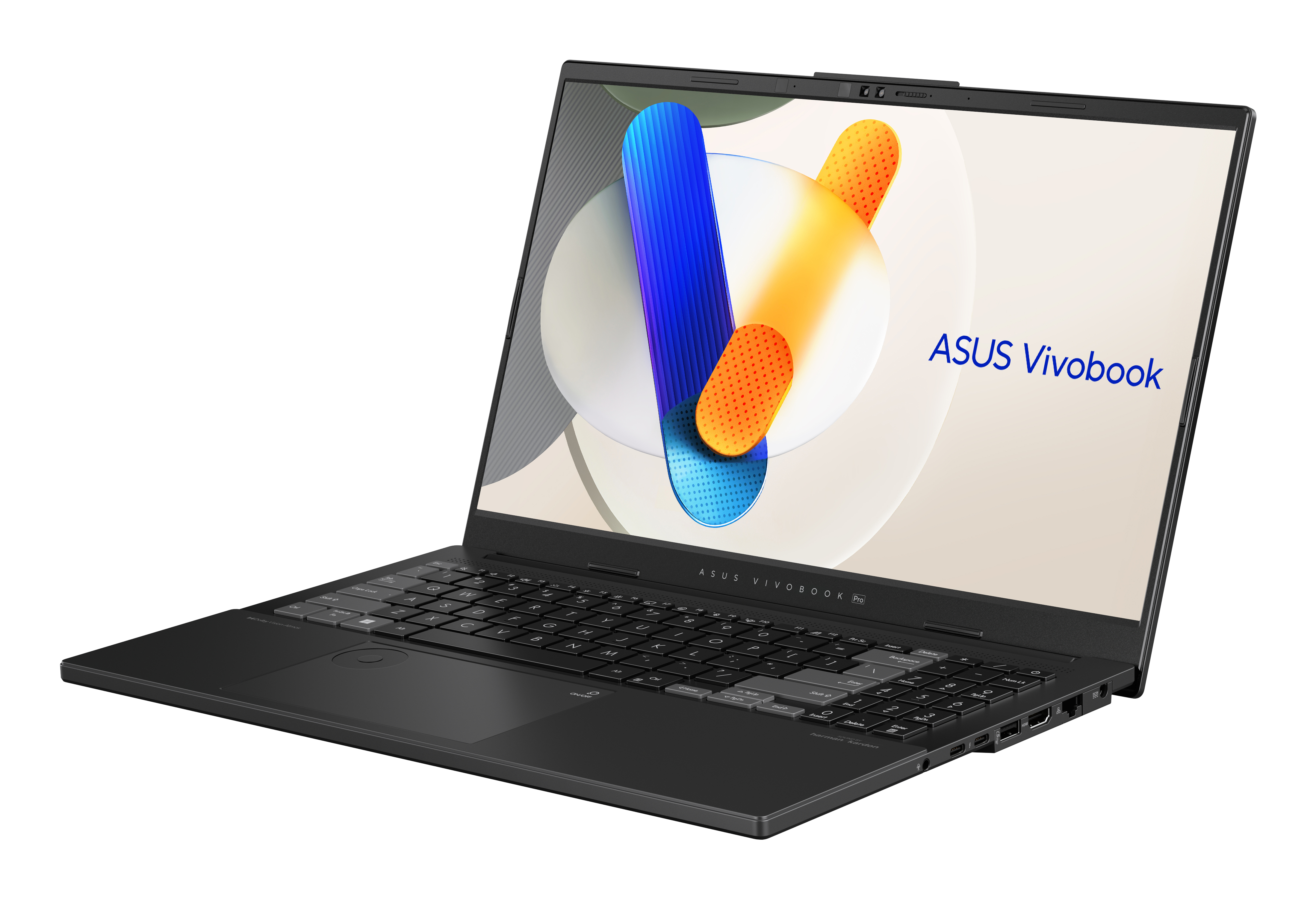Ein schwarzes ASUS Vivobook Laptop, geöffnet, zeigt ein farbenfrohes abstraktes Design auf dem Bildschirm.