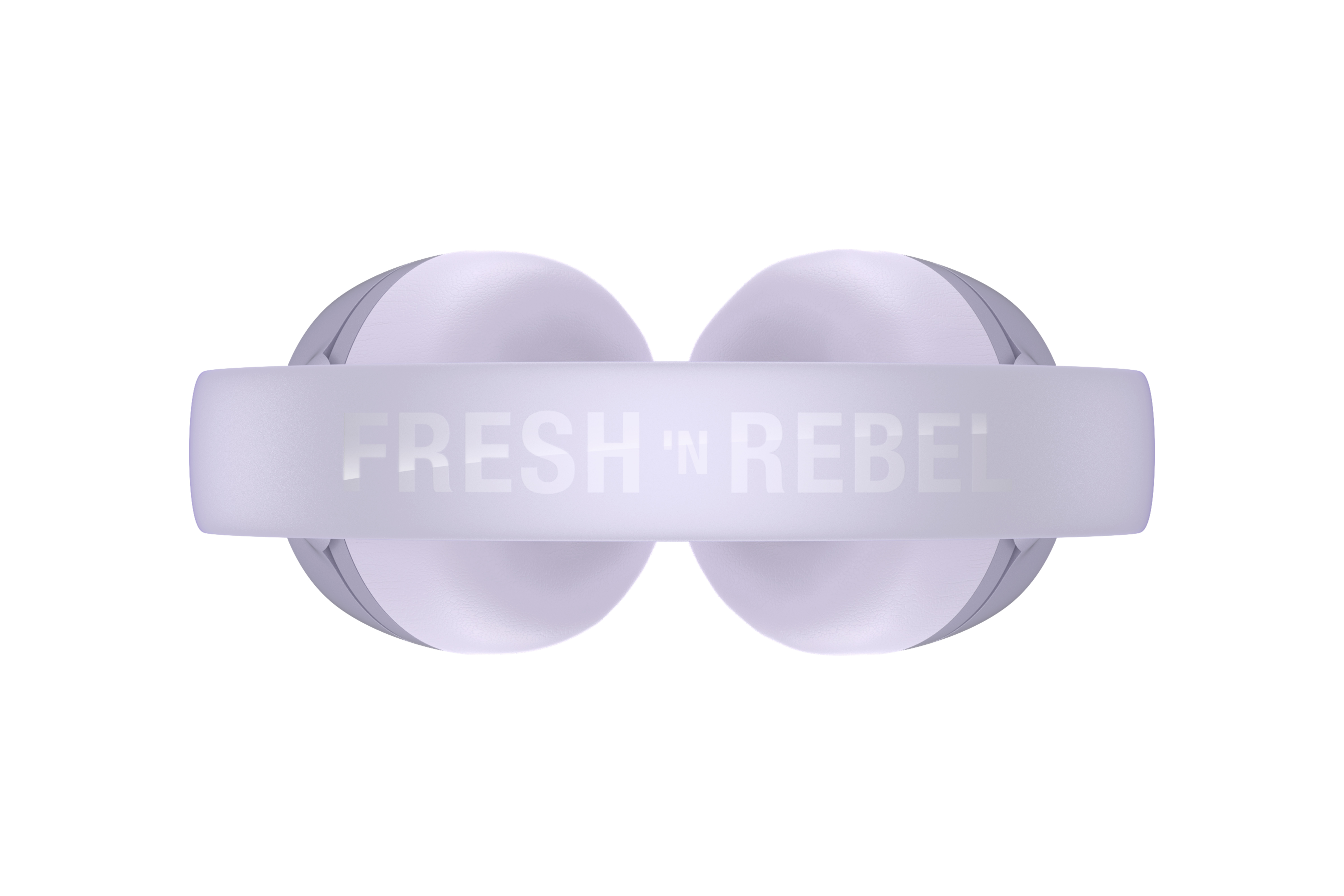 'FRESH 'N REBEL' yazılı bir bantla bağlanan iki leylak rengi kulaklık. Beyaz zemin.