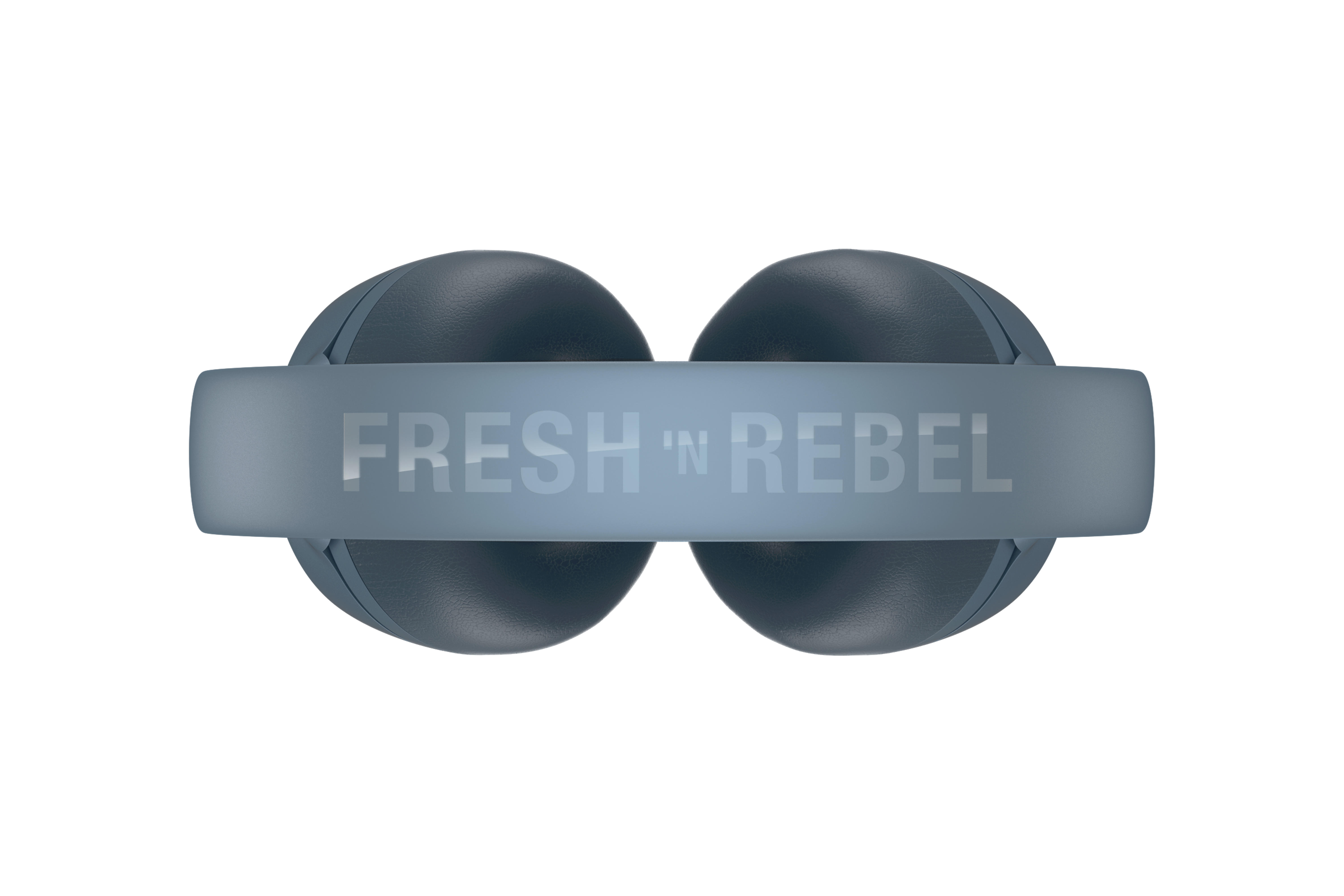 Koyu mavi kulaklık, FRESH 'N REBEL yazılı kafa bandı, beyaz zemin.