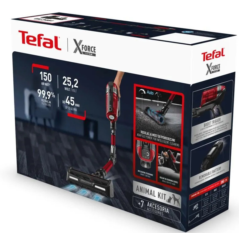 Pudełko odkurzacza bezprzewodowego Tefal X-Force, cechy, specyfikacje i akcesoria.