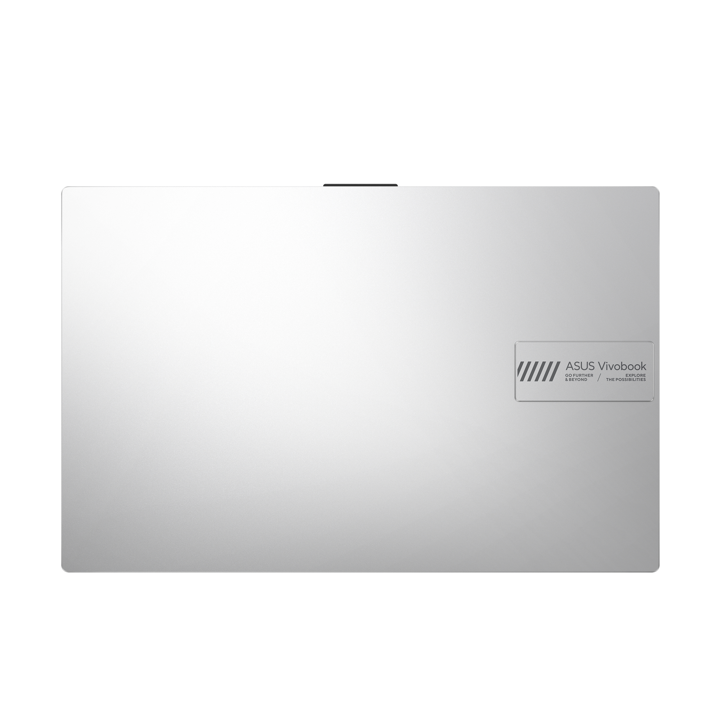 Tapa de portátil plateada, con el logo de ASUS Vivobook en el lado derecho, sobre fondo blanco.