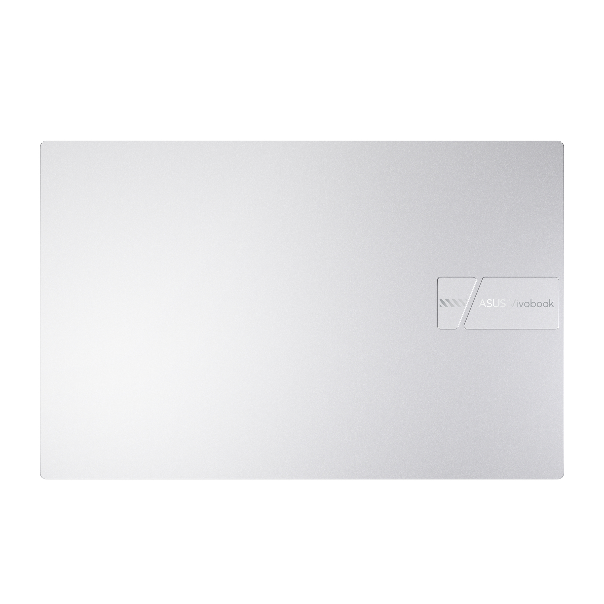 Un portátil blanco. El logotipo de ASUS Vivobook está a la derecha. La superficie es lisa y blanca.