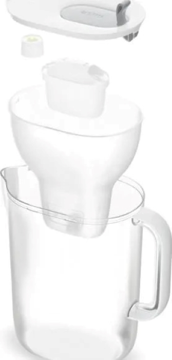 Rozłożone elementy białego filtra do wody. Dzbanek, uchwyt filtra i pokrywa.