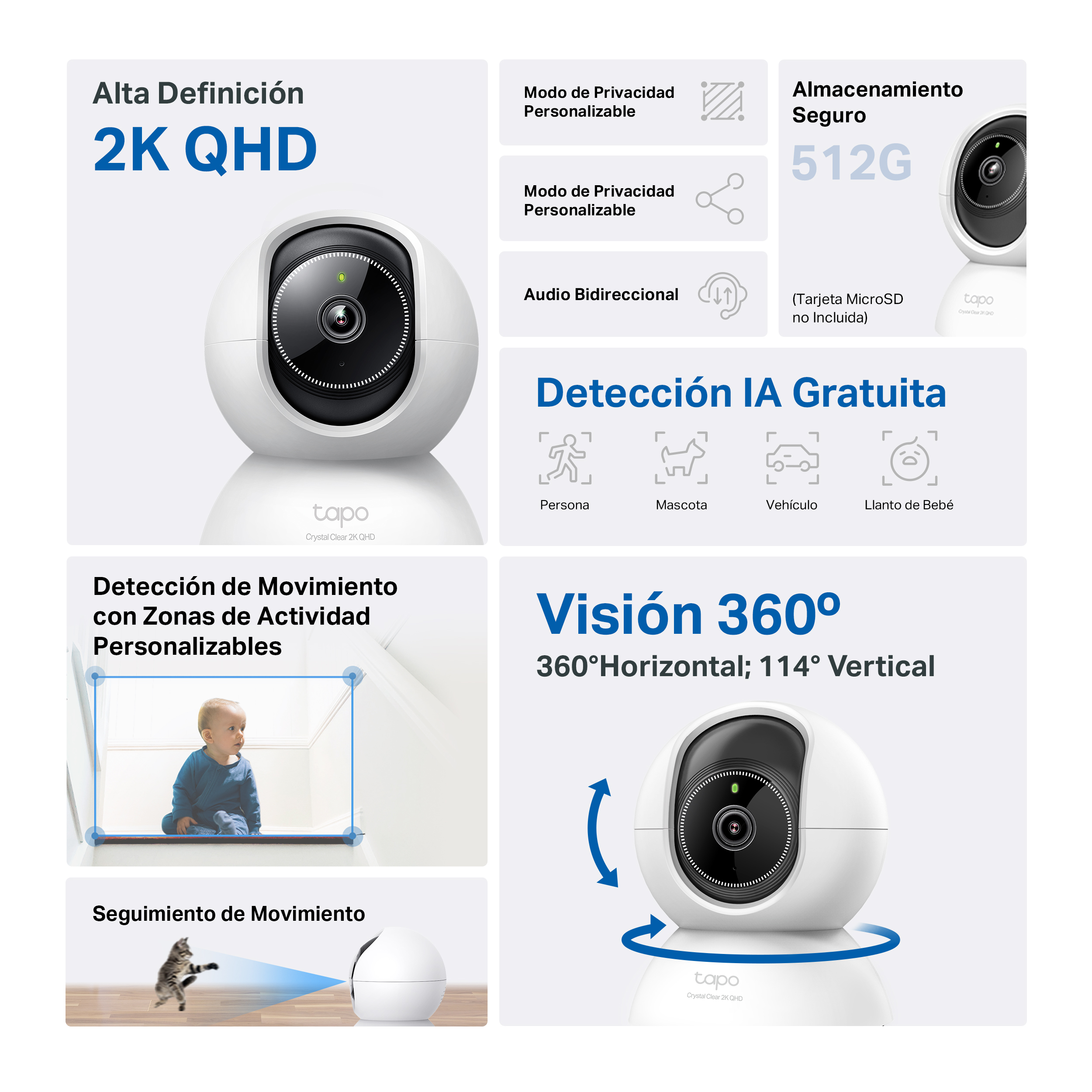 Una cámara de seguridad blanca con gráficos informativos. Muestra funciones y especificaciones en español.