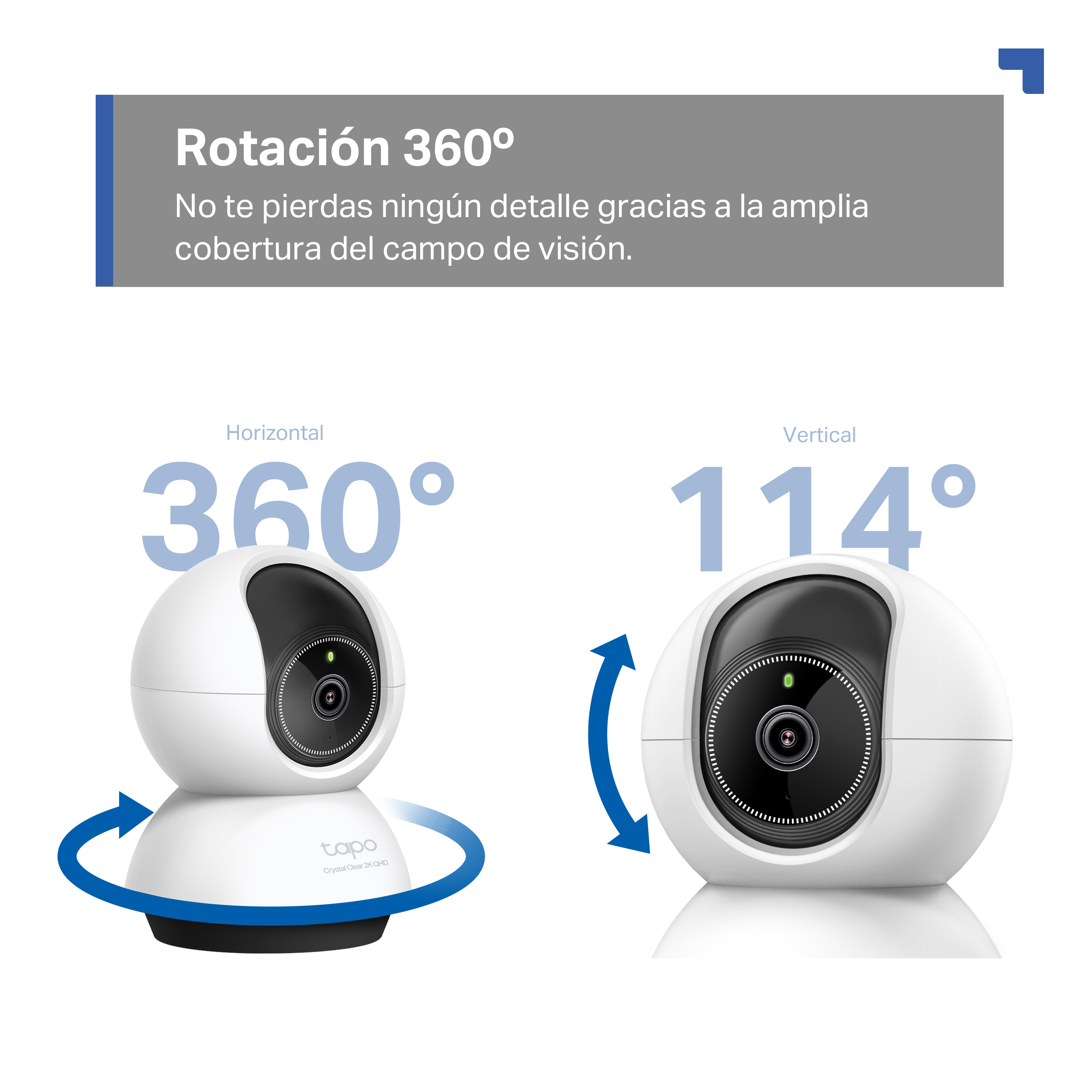 Cámara de seguridad blanca que muestra capacidades de rotación horizontal de 360° y vertical de 114°, con etiquetas.