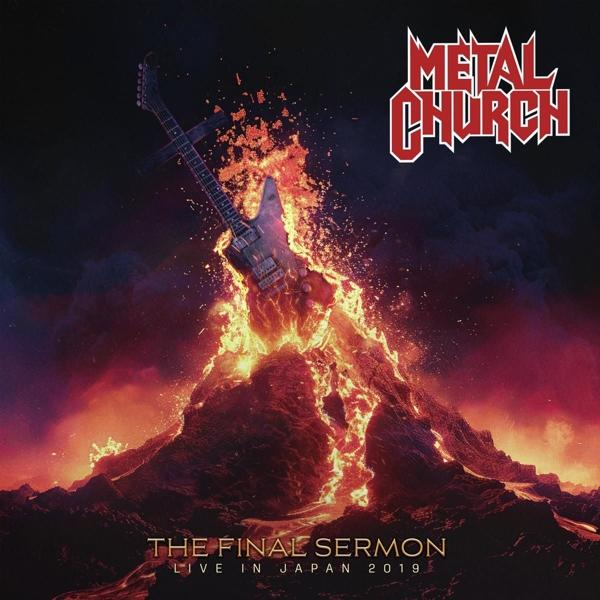 Albumcover, feurige Gitarre auf Vulkanberg, Band 'Metal Church' oben.