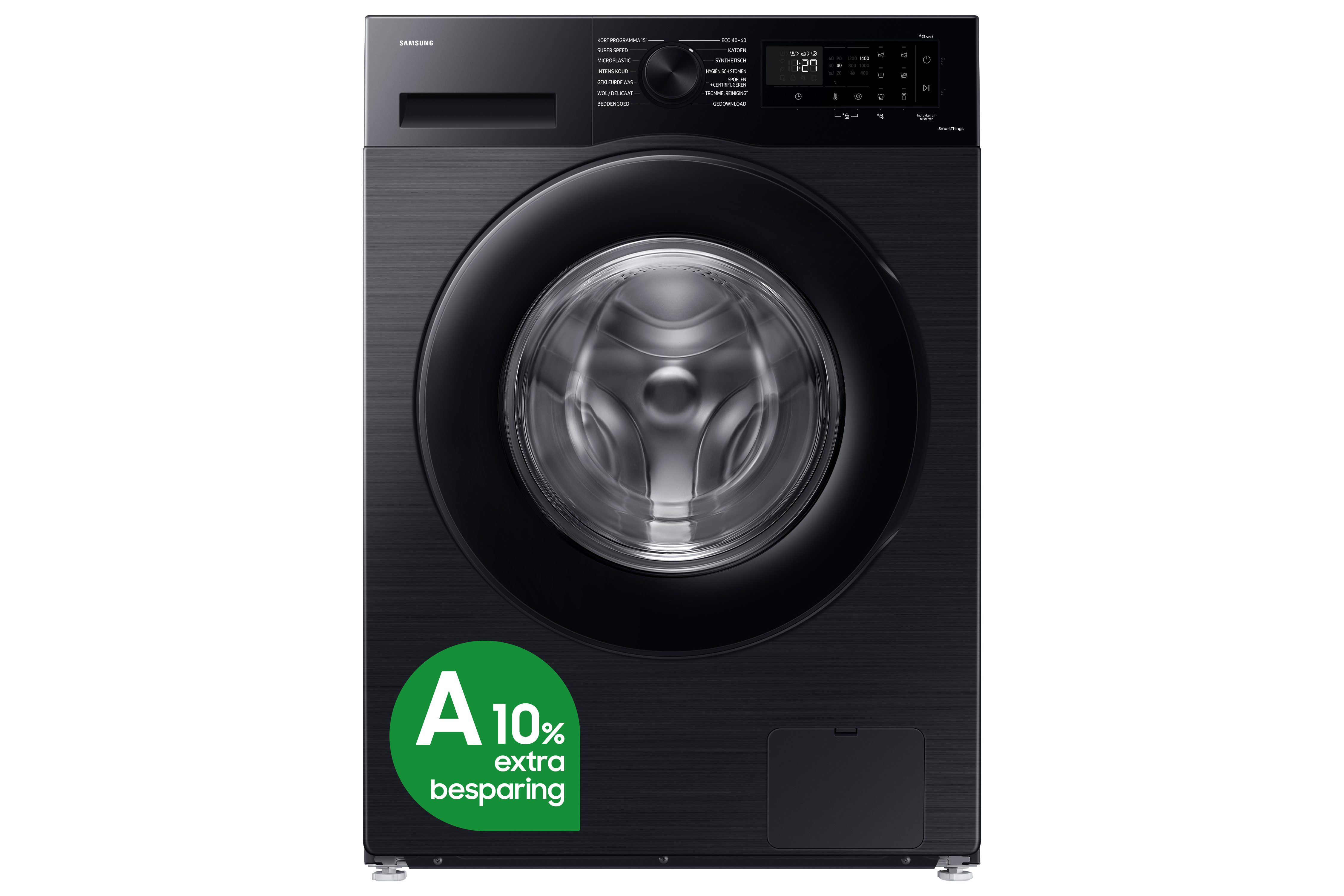 Zwarte Samsung wasmachine met een A10% extra besparing sticker. Zwart paneel en deur.