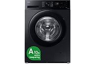 Zwarte Samsung wasmachine met een A10% extra besparing sticker. Zwart paneel en deur.