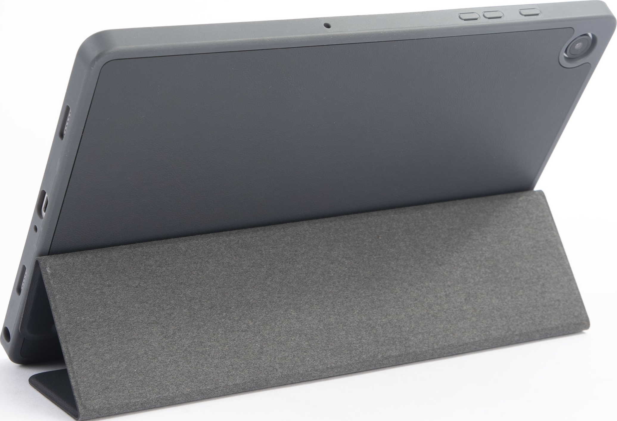 Tablet grigio scuro con supporto. È leggermente angolato, mostrando porte e fotocamera.
