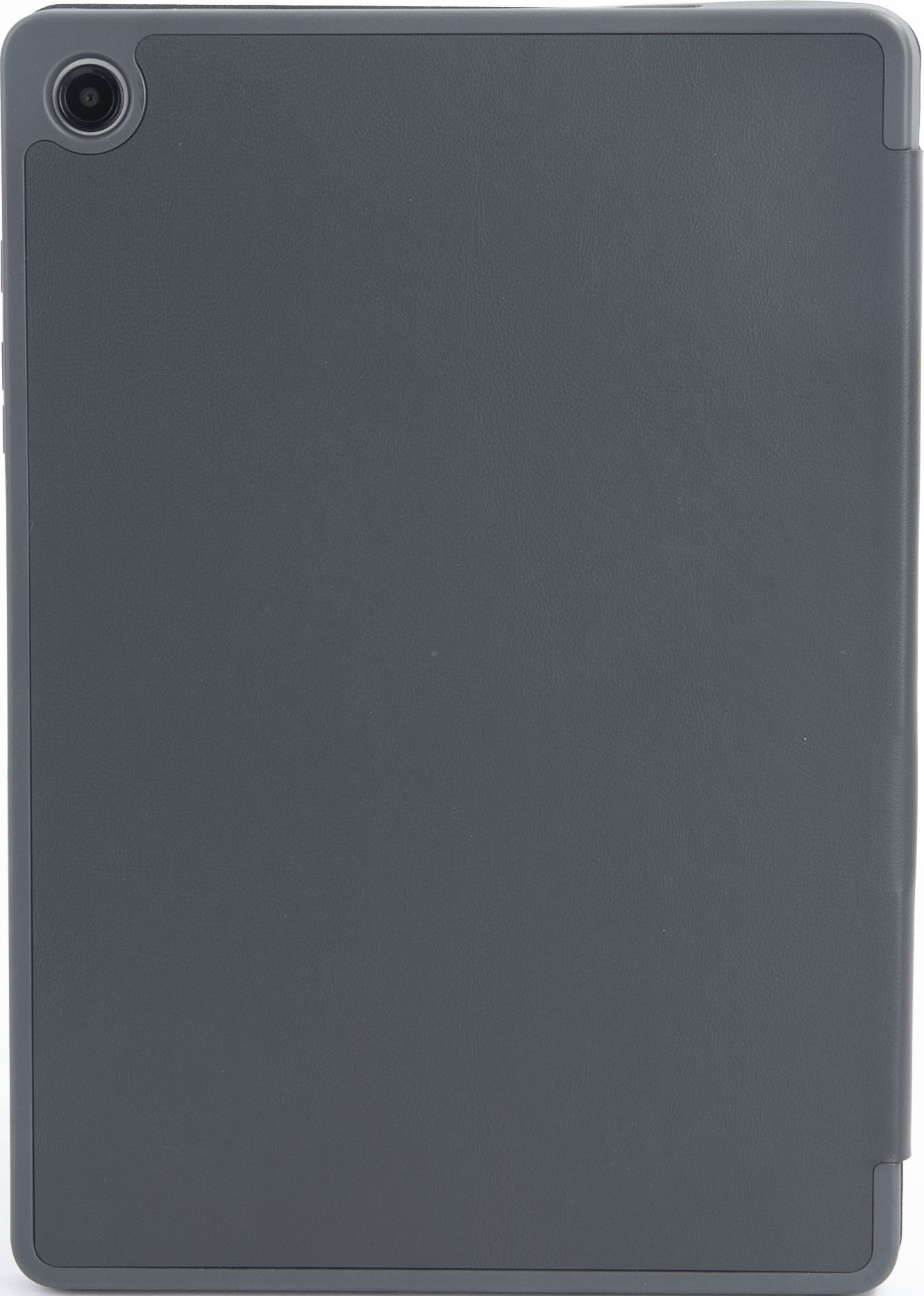 Tablet grigio con una fotocamera nell'angolo in alto a sinistra. Ha un retro grigio liscio, sfondo bianco.