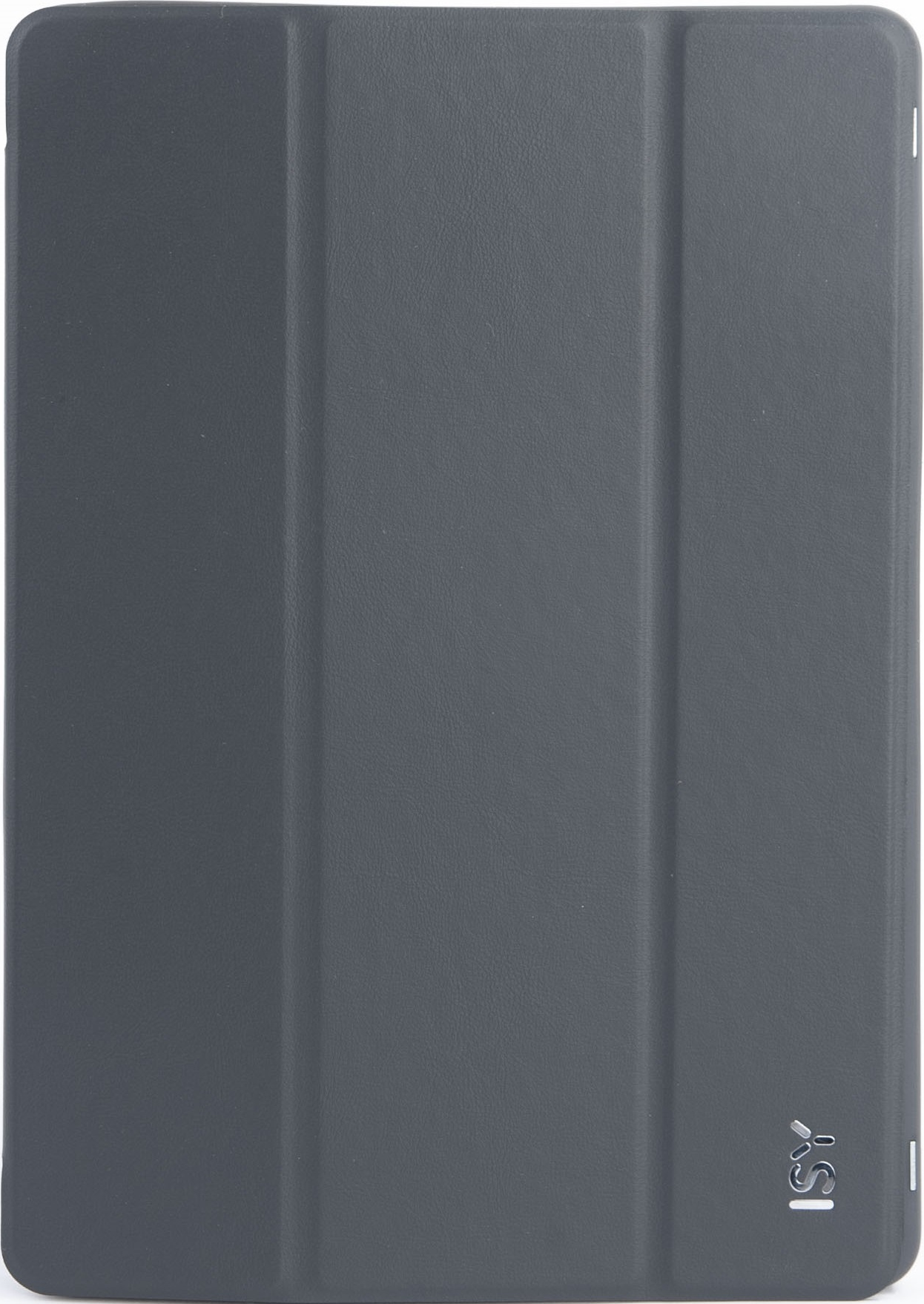 Custodia per tablet grigio scuro con pieghe verticali.