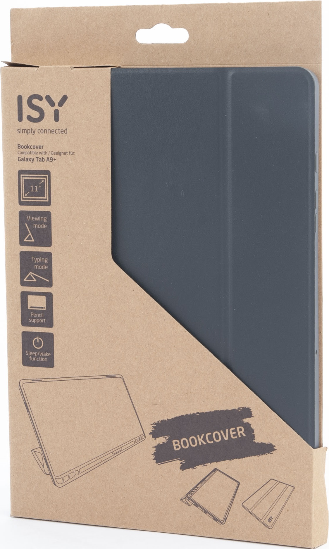 Custodia Bookcover per un tablet. La custodia è grigia in una scatola marrone. Testo: Bookcover.
