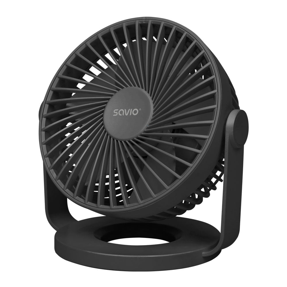 Fekete asztali ventilátor kerek alappal és több lapátos ventilátorfejjel.