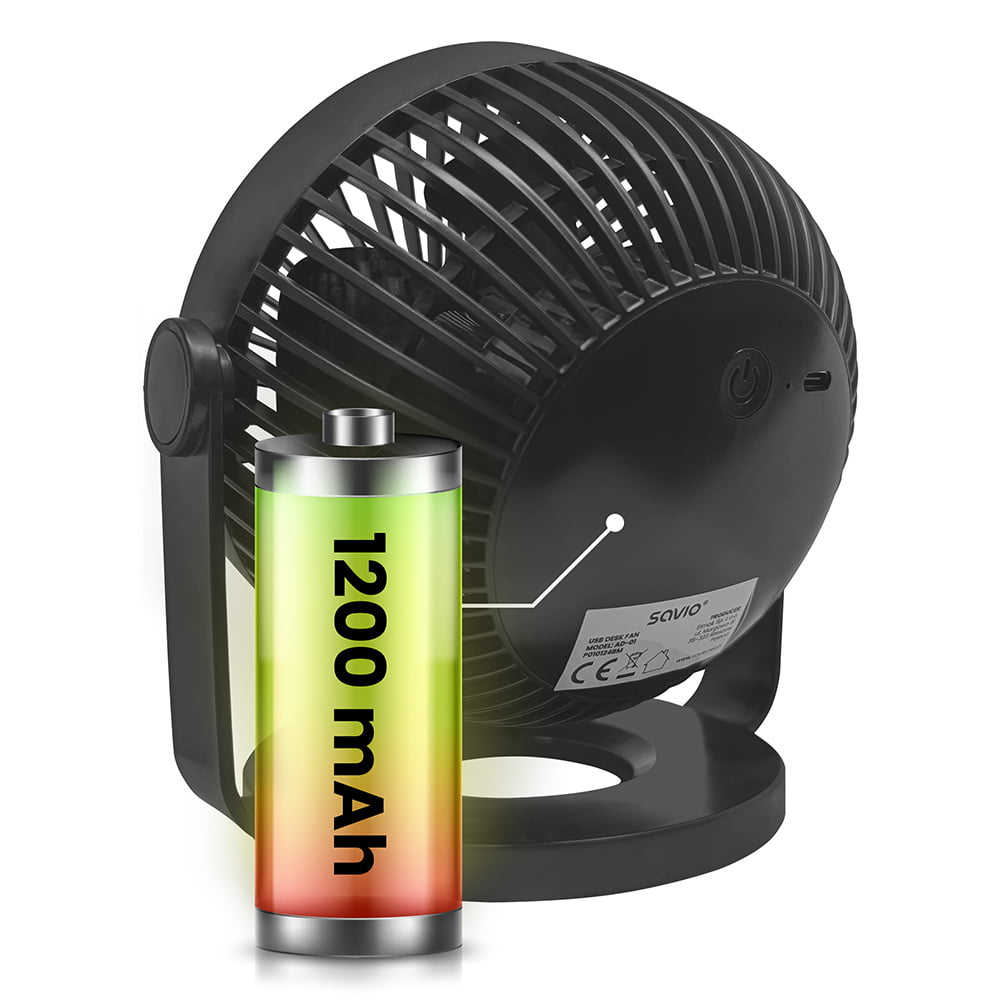Fekete hordozható ventilátor, 1200 mAh-s akkumulátorral. Fehér háttér.
