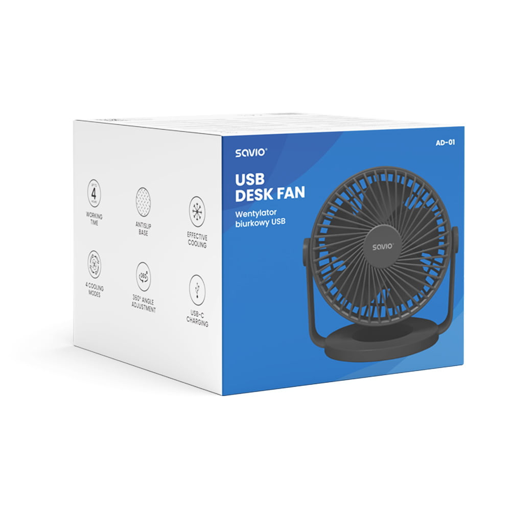 USB asztali ventilátor dobozban. A dobozon szöveg és képek vannak, amelyek a funkciókat és a ventilátort írják le.