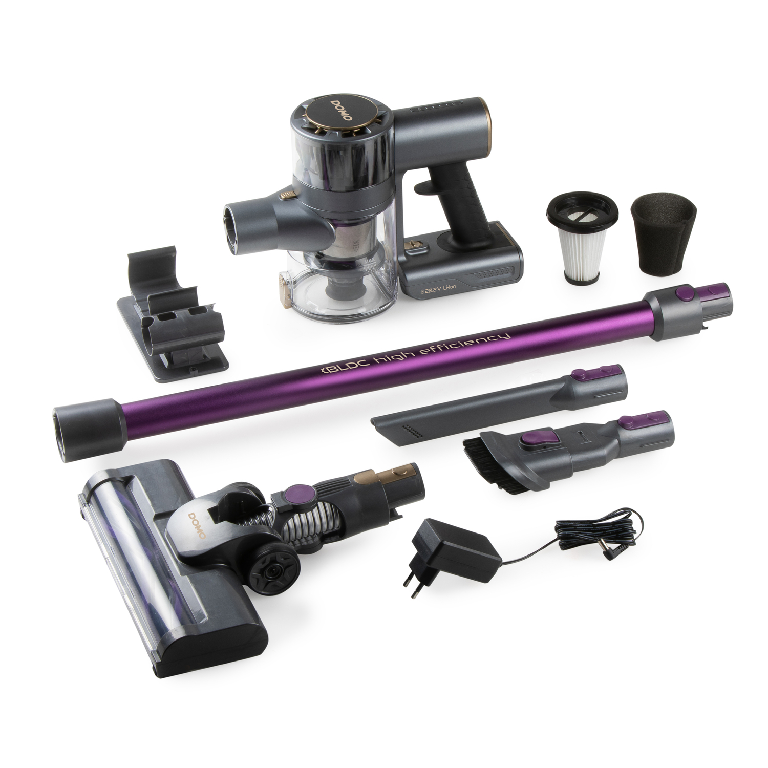Aspirateur et ses pièces sont disposés sur une surface blanche. Les pièces sont grises et violettes.