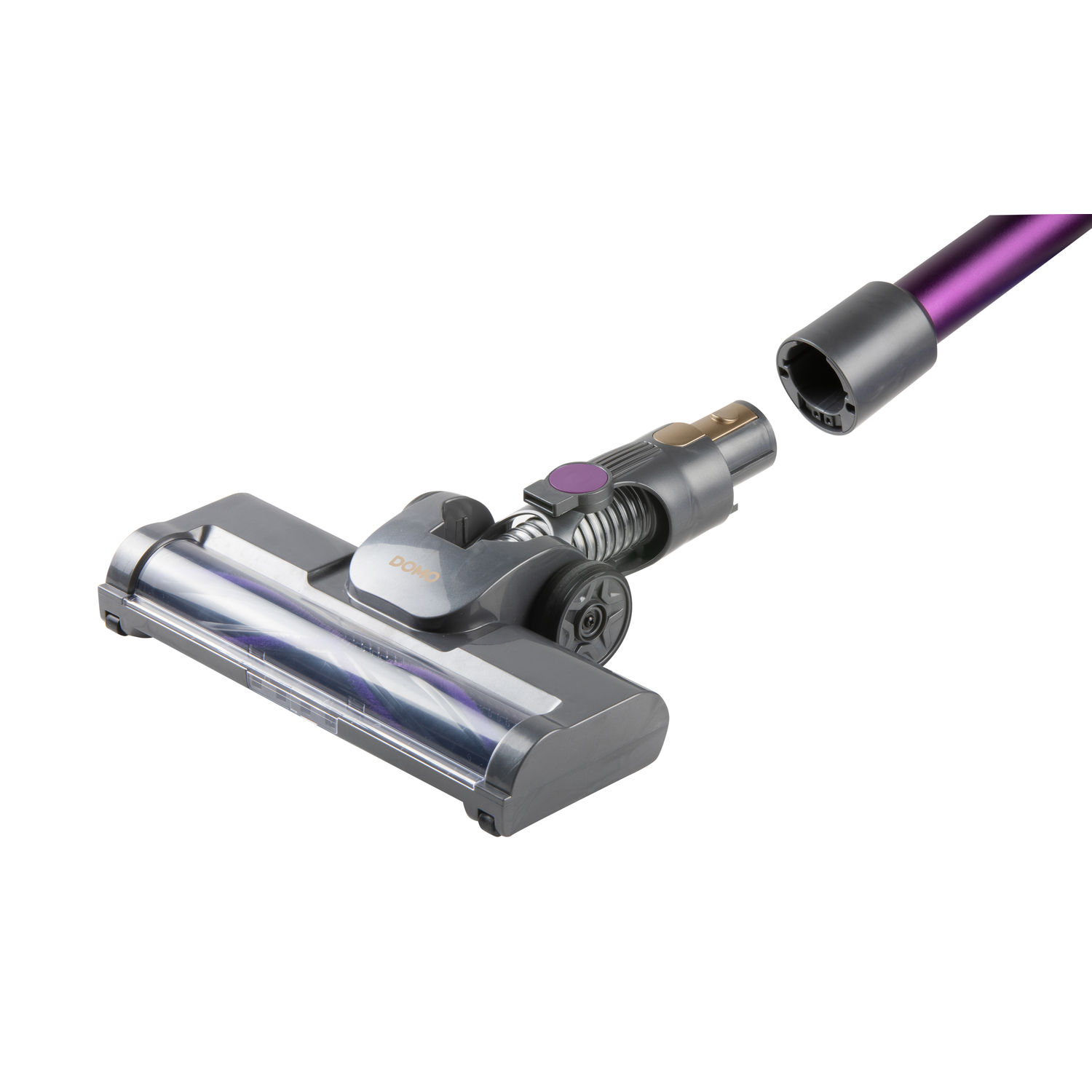 Tête d'aspirateur détachée, montrant les pièces. Gris et argent, avec des détails violets, fond blanc.