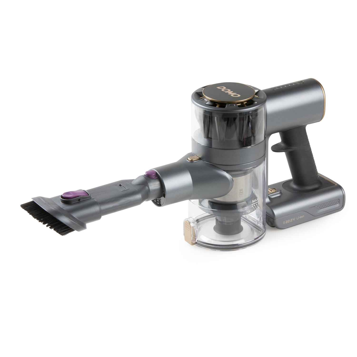 Un aspirateur sans fil gris et noir. Il possède une brosse et un récipient à poussière transparent.