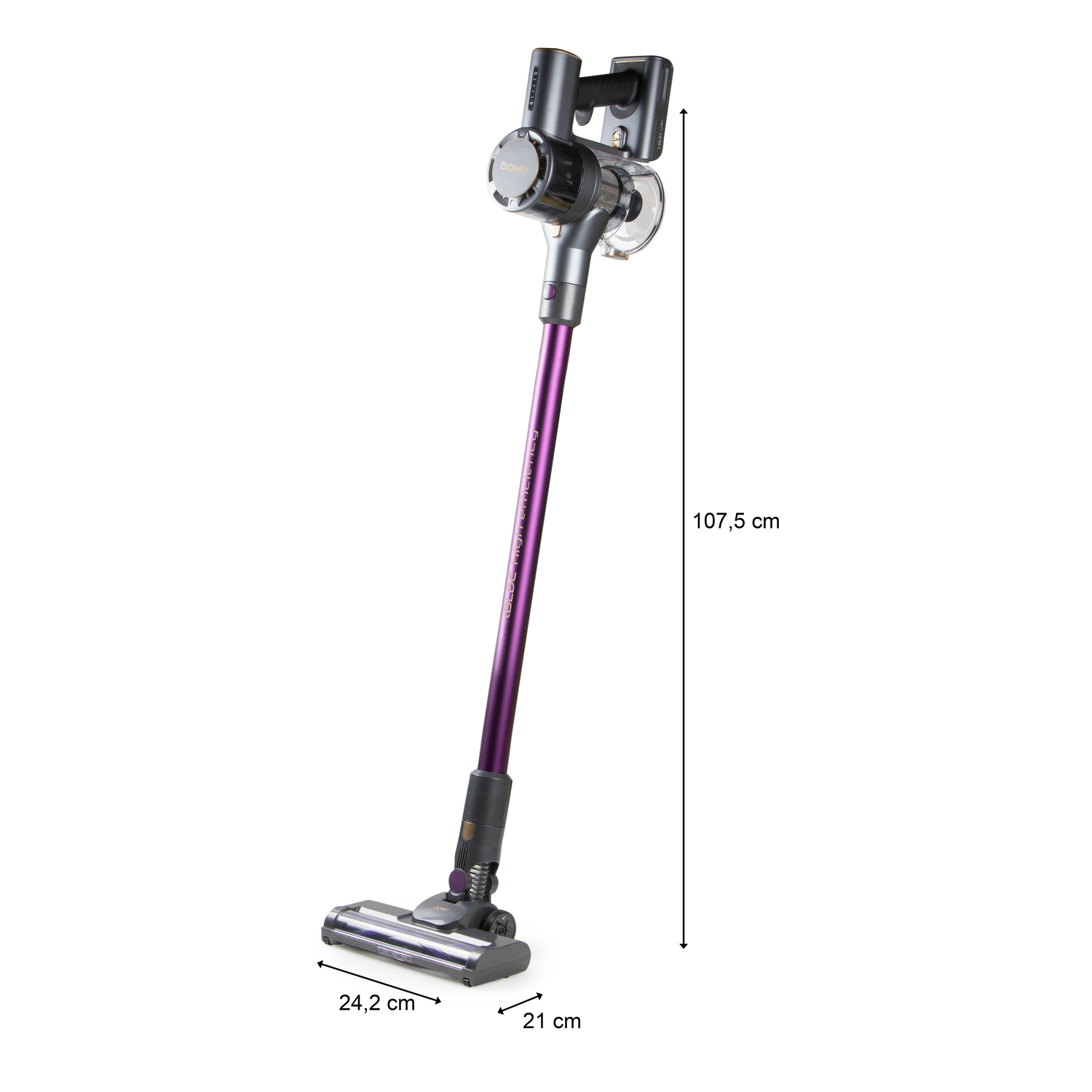 Un aspirateur sans fil violet et argent est affiché avec des dimensions. Fond blanc.