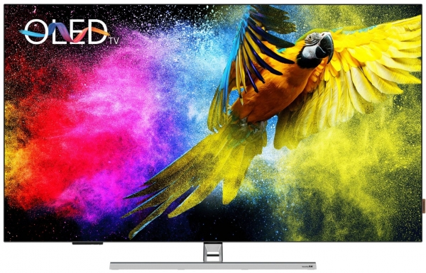 OLED TV, bir papağanın ve renkli bir patlamanın canlı bir görüntüsünü gösteriyor. TV gümüş rengi.