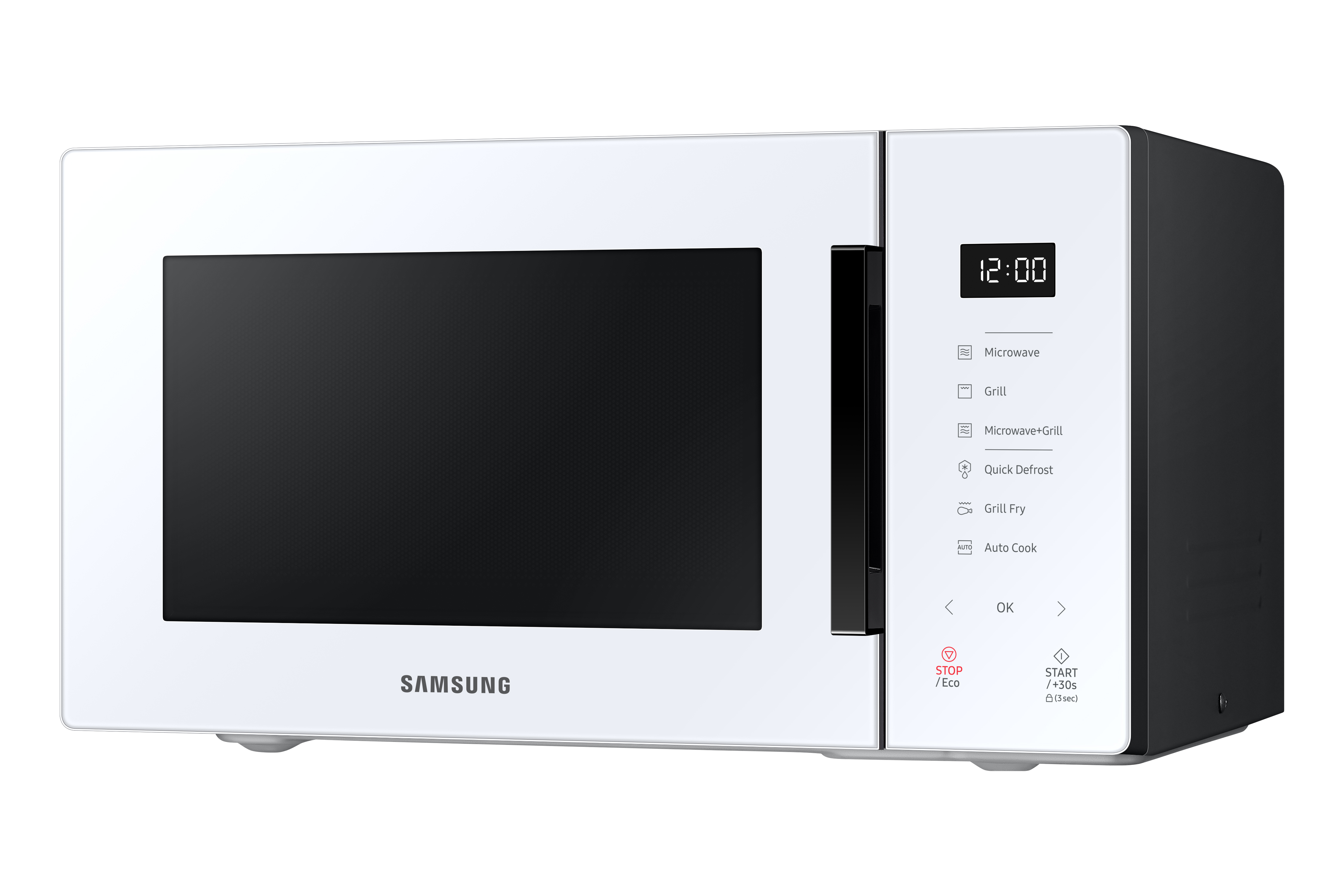 Un horno microondas blanco con puerta y panel de control negros. La hora 12:00 se muestra en el panel.