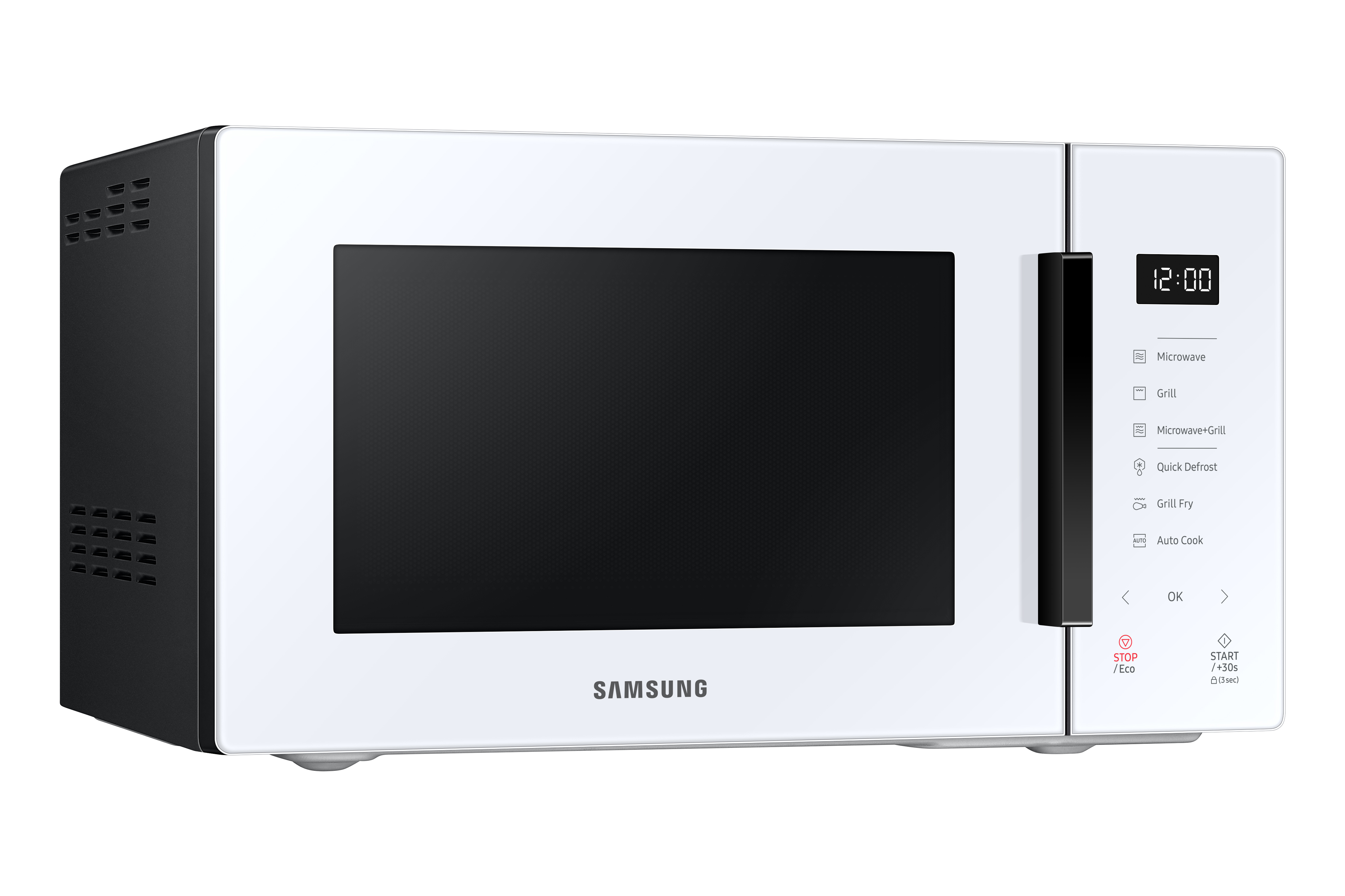 Microondas blanco con puerta negra y pantalla digital. La hora es 12:00.