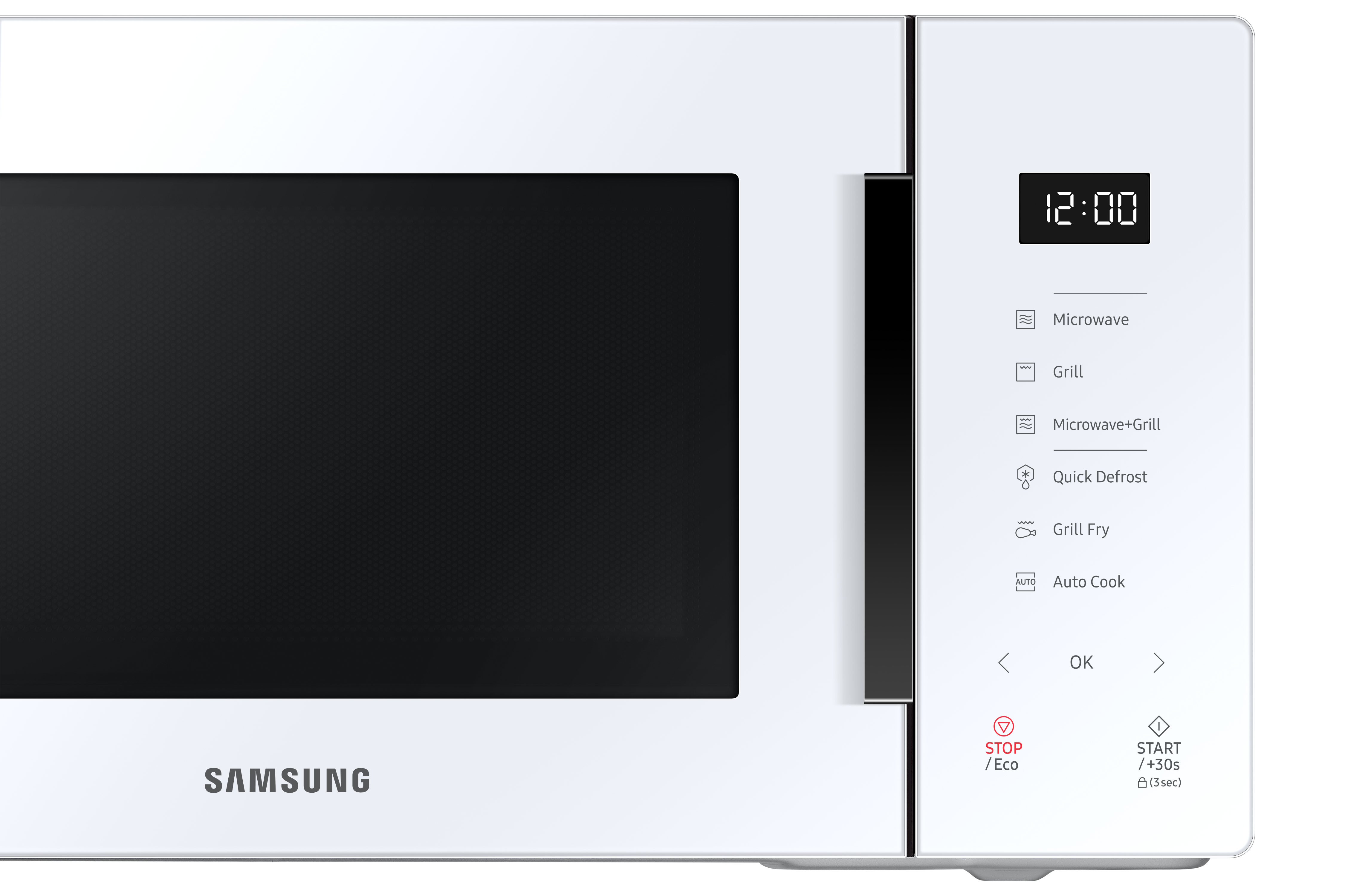 Horno microondas blanco con pantalla digital que muestra 12:00 y panel de control a la derecha.