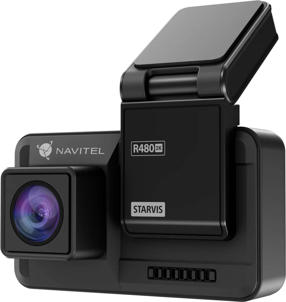 Fekete fedélzeti kamera, kamera lencsével és kijelzővel. Ez egy Navitel R480 2K Starvis modell.