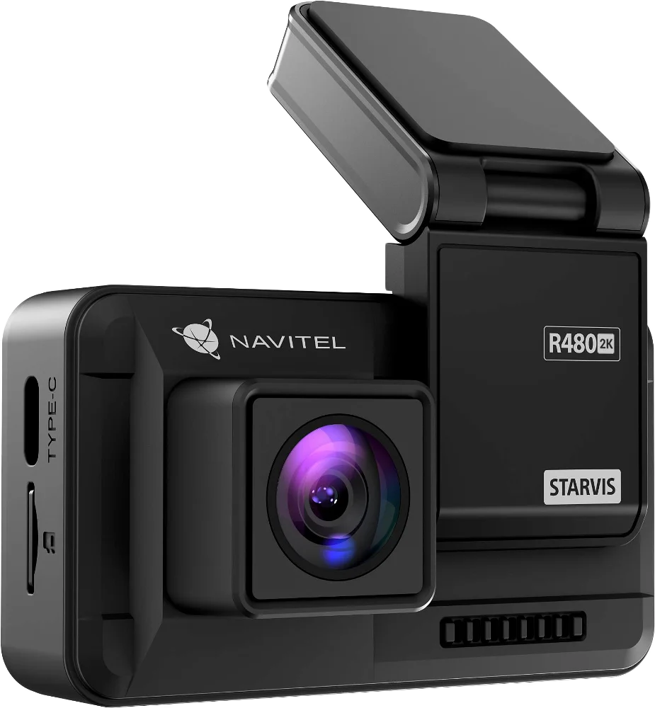 Fekete dashcam lencsével, képernyővel és gombokkal. Navitel logóval és Starvis felirattal.