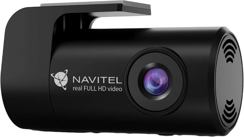 Egy fekete műszerfali kamera Navitel logóval és lencsével.