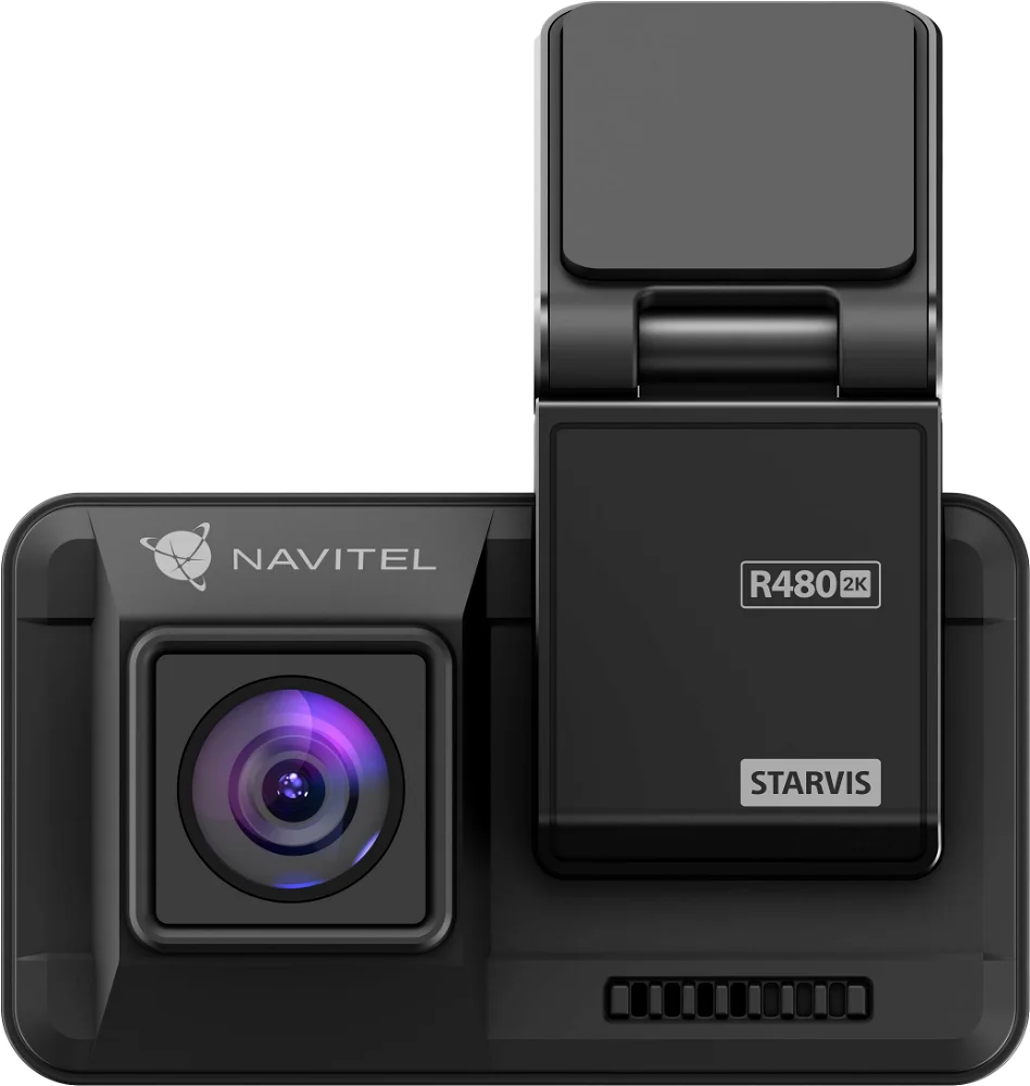 Fekete Navitel dashcam, lencsével, képernyővel, R480 2K és STARVIS felirattal.