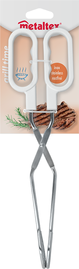 Rozsdamentes acél csipeszek fehér fogantyúkkal egy kártyán, grillezett hús képével.