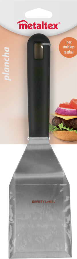 Egy rozsdamentes acél spatula fekete nyéllel, egy hamburger illusztrációja előtt.
