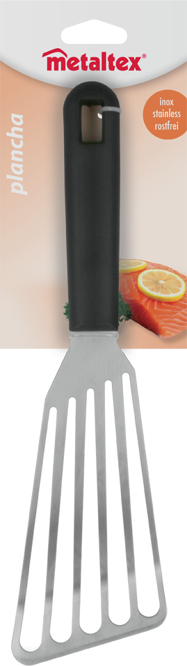 Rozsdamentes acél spatula fekete nyéllel a termékcsomagoláson.