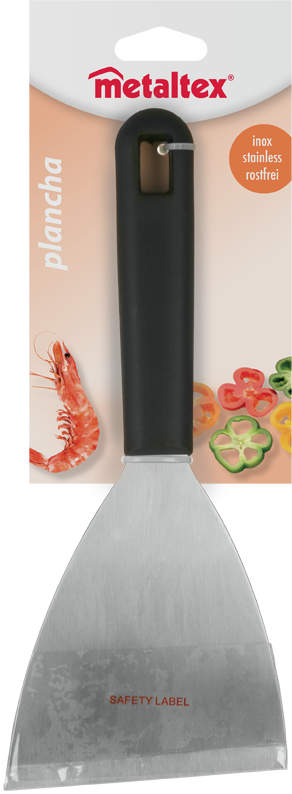 Metaltex spatula egy csomagoláson, garnélarák és kaliforniai paprika képével.